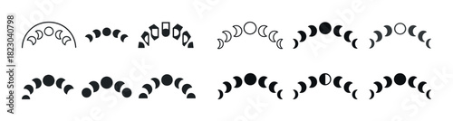 Abstract black curved patterns with geometric shapes in two rows