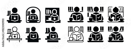 Diverse student study icons with books and laptop in various styles