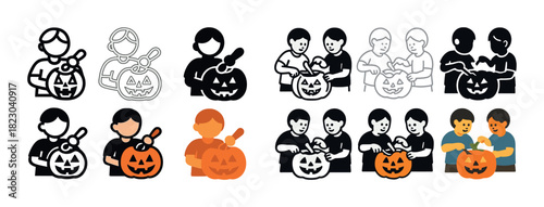Diverse children carving jack-o'-lanterns together at halloween