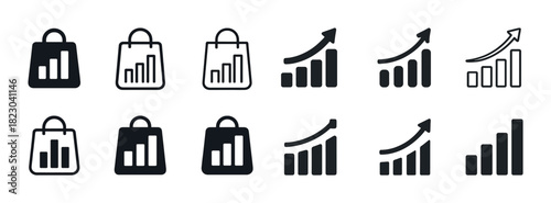 Set of shopping bag and growth graph icons in various styles