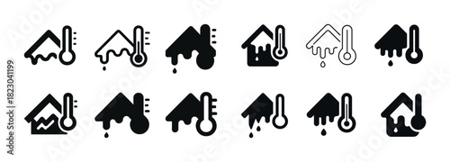 Black and white melting house and thermometer icons set