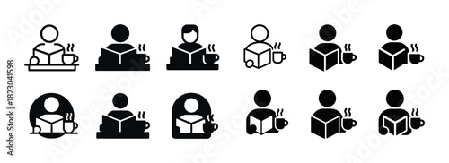 Icons of individuals reading with coffee: simple black and white designs