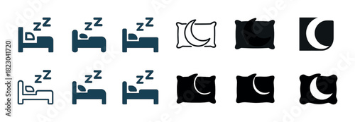 Sleep icons: bed, pillows, moon in varied styles for rest and relaxation themes
