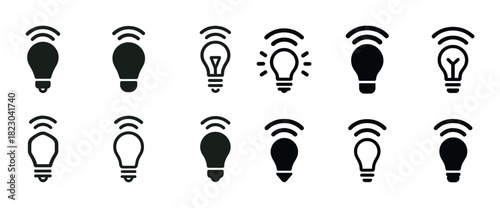 Icon set of light bulbs with wifi signals in various styles