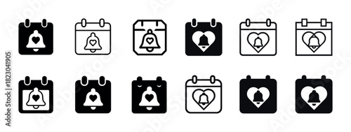 Calendar and notification icons set: bells and hearts in black and white