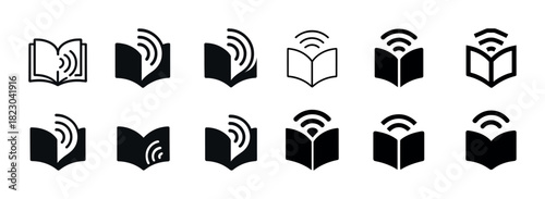 Set of black and white open book icons with wifi signals