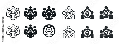 Set of diverse group icons with heart symbol representing teamwork and community support