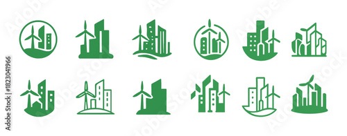 Green energy city icons with wind turbines and buildings