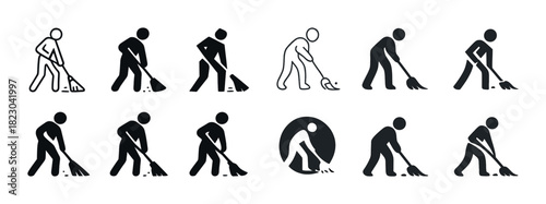 Silhouette icons of people sweeping with broom in various poses