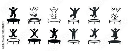 Silhouettes of people jumping on trampolines in various styles and poses