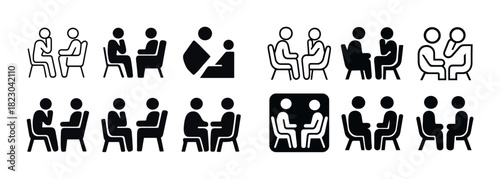 Business meeting stick figures in various group configurations