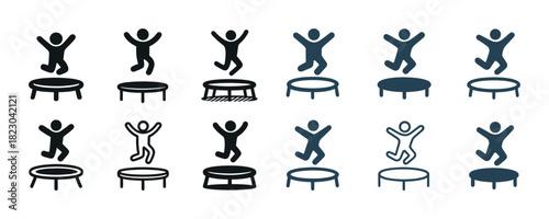 Silhouettes of humans jumping on trampolines in various poses