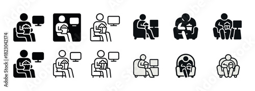 Various icon designs of people sitting on chairs with devices