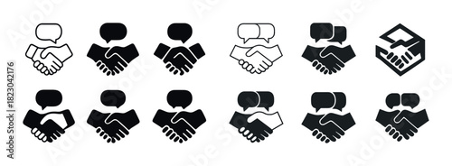 Handshake icons set with speech bubbles for communication and agreement concepts