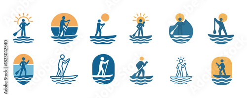 Collection of paddleboarding icons: different styles and poses depicted in blue and yellow