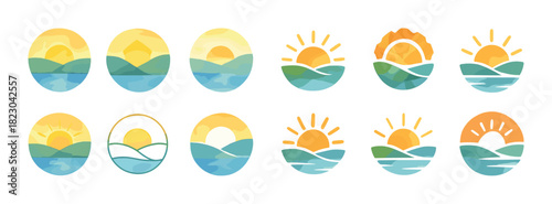 Colorful sunrise and sunset icon set featuring stylized landscapes
