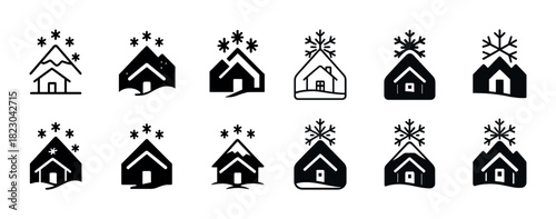 Set of winter house icons with snowflakes in minimalist black and white design