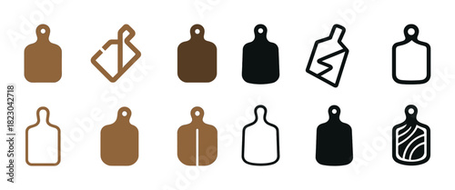 Collection of various cutting board icons in brown and black outline