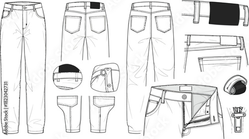 Technical drawing of jeans with various details shown in black and white line art style illustration