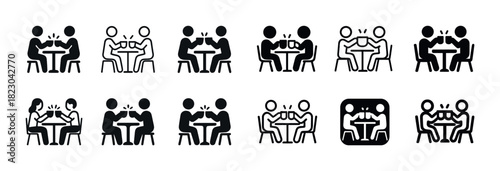 Icon set illustrating diverse figures in conversation over meals