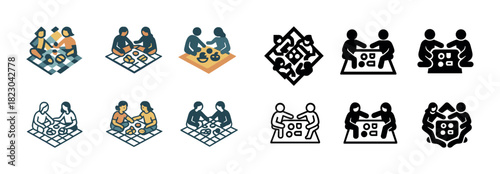 Diverse group playing board games in various styles and settings