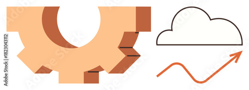Gear symbolizing mechanism, cloud for storage, and upward arrow denoting growth. Ideal for technology, cloud computing, progress, innovation, development data systems efficiency. Simple flat