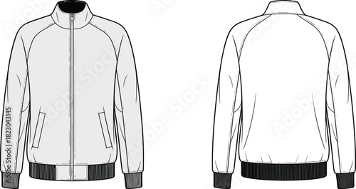 Jacket flat sketch front back view, raglan sleeve design, zip up closure, ribbed cuffs waistband apparel template, welt pockets garment illustration