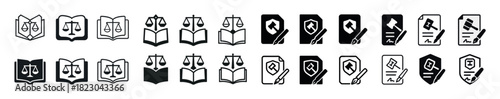 Legal icons set featuring scales, books, pens, and gavels in black and white