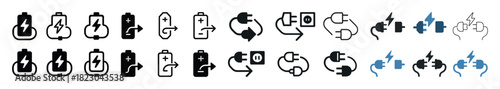 Collection of battery and charging icons in black and blue variations