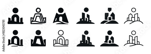 Abstract cityscape icons set depicting urban designs and human figures