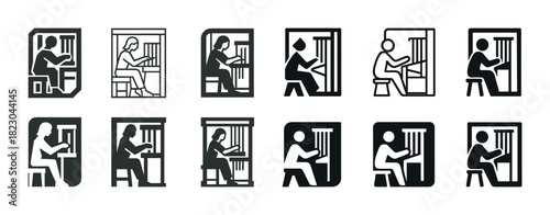 Diverse jail cell icons with figures in monochrome design