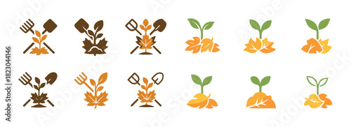 Colorful gardening icons with tools and growing plants