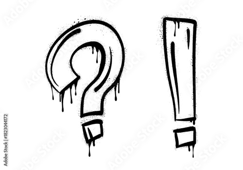 Set of Spray painted graffiti question marks and exclamation mark in black over white. isolated on white background. vector illustration