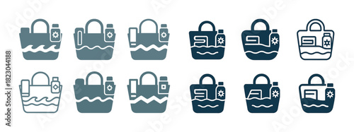 Beach bag icon set in various styles with summer essentials