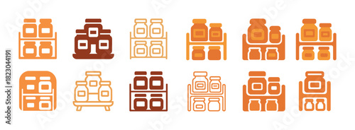 Flat style jar and shelf icons in various arrangements and colors