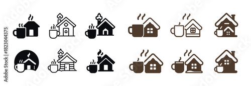 Cozy home and coffee icon collection — warm beverage and house symbols