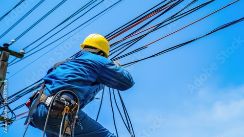 A man in a yellow helmet and blue overalls is climbing a telephone pole with a large number of wires and cables.