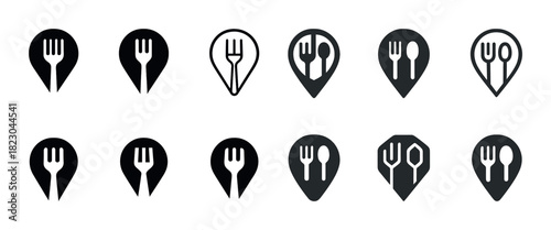 Set of fork and spoon icons in various modern designs
