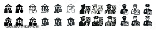 Various icons of people in uniform and houses in black and white