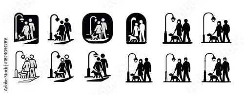 Silhouette icons of people walking dogs under streetlights