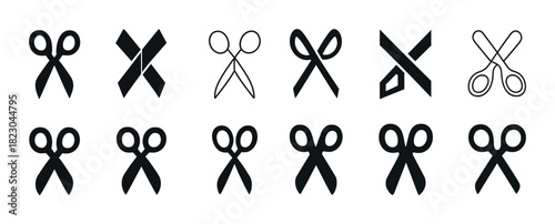 Black and white scissors icon set - various styles and designs