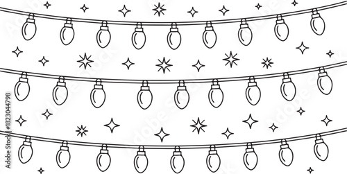 Outline drawing displays holiday lights string with stars and sparkle shapes isolated on a white background