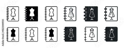 Black and white dress sketchbook icons in diverse styles on white background