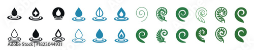 Collection of stylized water droplets and leaf spirals symbols in various colors