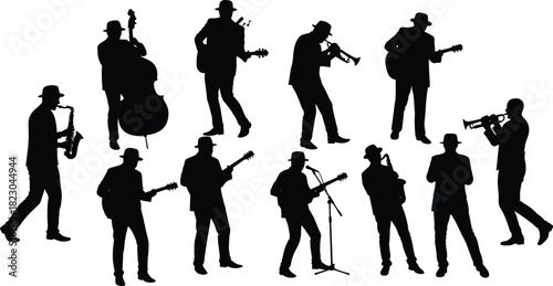 Jazz musician silhouettes playing trumpet, saxophone, guitar, and double bass, vector illustration of band performance for music and art design.