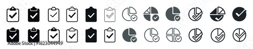 Set of checklist and pie chart icons in various styles