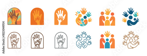 Diverse hand icons representing unity and community support in various styles