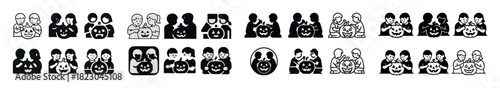 Halloween pumpkins with various human faces in minimalist icon set