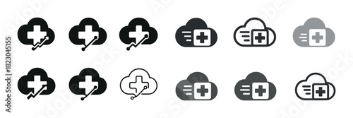 Black and gray medical cloud icons with cross and data symbols