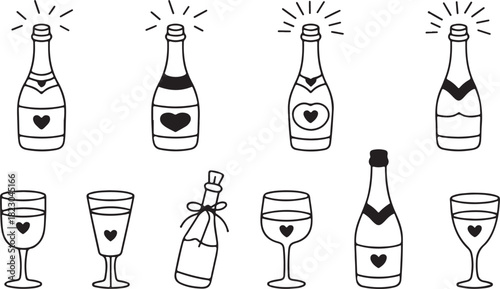 Sparkling champagne bottles and heart adorned glasses offer elegant celebration in simple line art